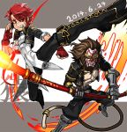  1boy 1girl bandaid bandaid_on_nose boots breasts brown_hair coattails cropped_jacket cross-laced_footwear fingerless_gloves gettydaze gloves kicking knee_boots lace-up_boots long_hair mask monkey_tail original polearm redhead sharp_teeth short_hair sideboob weapon 