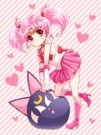  1girl bishoujo_senshi_sailor_moon boots bow chibi_usa double_bun elbow_gloves gloves hair_ornament hairpin heart knee_boots luna-p magical_girl pink pink_background pink_hair pink_skirt pleated_skirt red_eyes ribbon sailor_chibi_moon sailor_collar short_hair skirt solo sora_(pikasora) striped striped_background tiara toy twintails white_gloves 