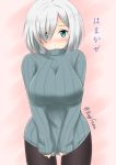  1girl black_legwear blue_eyes blush breasts fuuma_nagi hair_ornament hair_over_one_eye hairclip hamakaze_(kantai_collection) kantai_collection large_breasts looking_at_viewer pantyhose personification pink_background ribbed_sweater short_hair silver_hair solo sweater sweater_tug translation_request wavy_mouth 