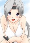  1girl :d blush breasts chitose_(kantai_collection) cleavage fuuma_nagi grey_hair headband kantai_collection large_breasts leaning_forward long_hair looking_at_viewer open_mouth personification ponytail smile solo submarine swimsuit violet_eyes 
