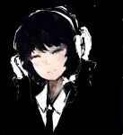  1girl black_background black_hair black_necktie blending closed_eyes formal hands_on_headphones headphones highres monochrome necktie no_hat side_ponytail simple_background solo spot_color suit timesoe touhou usami_renko white_bow 