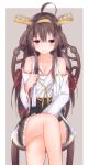  1girl ahoge bare_shoulders breasts brown_hair cleavage cup detached_sleeves double_bun hairband highres japanese_clothes kantai_collection kongou_(kantai_collection) long_hair mizushina_minato nontraditional_miko open_mouth skirt smile teacup 