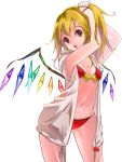  1girl bikini blonde_hair flandre_scarlet highres namauni navel open_clothes open_mouth open_shirt red_bikini red_eyes side_ponytail simple_background solo swimsuit touhou tying_hair white_background wings 