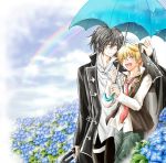  2boys black_hair blonde_hair blush checkered_pants coat covering field flower flower_field formal gilbert_nightray jewelry multiple_boys necktie one_eye_closed open_mouth oz_vessalius pandora_hearts rain rainbow ring short_hair smile umbrella yellow_eyes 