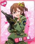  ;d aiming brown_hair character_name gloves gun hair_ornament hairclip idolmaster idolmaster_million_live! looking_at_viewer m4 official_art one_eye_closed open_mouth rifle side_ponytail smile weapon 