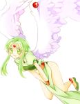  1girl angel angel_wings bare_legs finn_fish flying green_eyes green_hair kamikaze_kaitou_jeanne long_hair pointy_ears puffy_short_sleeves puffy_sleeves short_sleeves solo v_arms white_background wings yoshika_(draw-happy-picture) 