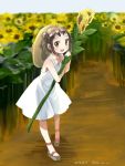  1girl alternate_costume brown_eyes brown_hair carrying casual contemporary double_bun dress field flower flower_field hat holding kantai_collection ko_ru_ri looking_at_viewer naka_(kantai_collection) open_mouth sandals short_hair smile solo standing straw_hat sun_hat sundress sunflower white_dress 