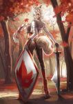  1girl alternate_costume animal_ears boots dantewontdie forest grey_eyes highres inubashiri_momiji nature shield short_hair solo sword tail touhou tree weapon white_hair wolf_ears wolf_tail 