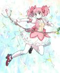  1girl bow bow_(weapon) bubble_skirt choker crying crying_with_eyes_open flat_chest gloves hair_bow kaname_madoka kneehighs long_hair magical_girl mahou_shoujo_madoka_magica pink_eyes pink_hair saji_(mei-low) solo tears twintails weapon white_gloves white_legwear 