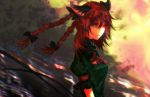 1girl animal_ears ascot braid cat_ears fang gradient gradient_background kaenbyou_rin multiple_tails red_eyes redhead solo tagme tail touhou twin_braids wind yutapon 