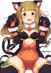  1girl animal_ears bell blush breasts brown_hair cat_ears cat_tail cleavage gloves idolmaster idolmaster_million_live! long_hair looking_at_viewer miyao_miya narumi_arata open_mouth paw_gloves solo tail tail_bell twitter_username violet_eyes 