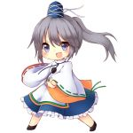  1girl blue_eyes blush chibi full_body grey_hair hat long_hair long_sleeves looking_at_viewer mononobe_no_futo open_mouth ponytail ribbon shirt simple_background skirt smile solo tate_eboshi topia touhou white_background wide_sleeves 