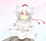  1girl animal_ears bare_shoulders blush breasts detached_sleeves gradient gradient_background hat inubashiri_momiji looking_at_viewer pom_pom_(clothes) red_eyes short_hair silver_hair solo tears tokin_hat touhou wavy_mouth wolf_ears 