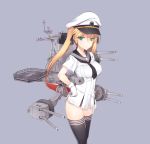  1girl black_legwear blonde_hair blush breasts cannon gloves hat kantai_collection kuro_(kuronell) long_hair military military_uniform necktie original peaked_cap personification purple_background simple_background solo thigh-highs twintails uniform white_gloves 