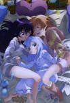  3girls absurdres bandaid black_hair blue_eyes blue_hair brown_hair cellphone closed_eyes gochuumon_wa_usagi_desuka? highres holding_hands hoto_cocoa kafuu_chino legs lying multiple_girls nyantype official_art on_side open_mouth pajamas phone shirt stuffed_animal stuffed_toy tedeza_rize violet_eyes 