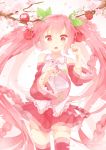  1girl absurdres cherry cherry_blossoms food fruit hair_ornament hatsune_miku highres jimmy long_hair petals pink_eyes pink_hair sakura_miku solo tagme tears thigh-highs tree_branch twintails vocaloid zettai_ryouiki 