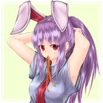  1girl adjusting_hair animal_ears blush dress_shirt extra_ears highres kys_(k-k2) long_hair mouth_hold necktie ponytail purple_hair rabbit_ears red_eyes reisen_udongein_inaba shirt solo touhou 