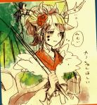  1girl animal_ears antlers bell bow bracelet brown_hair deer_ears facial_mark faux_traditional_media flower fur_trim hair_flower hair_ornament hair_ribbon hair_up holding holding_umbrella horn_ornament horns japanese_clothes jewelry jingle_bell kano_(p&amp;d) kimono long_sleeves magatama open_mouth oriental_umbrella partially_colored puzzle_&amp;_dragons ribbon solo star text thought_bubble translation_request umbrella uo_(xcapriccioso) 