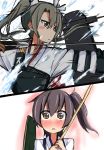  2girls arrow atsushi_(aaa-bbb) blush bow_(weapon) brown_eyes brown_hair hair_ornament hair_ribbon highres holding kaga_(kantai_collection) kantai_collection multiple_girls muneate parted_lips ribbon side_ponytail twintails weapon zuikaku_(kantai_collection) 