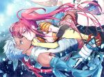  1boy 1girl blue_background closed_eyes couple gloves grey_eyes grey_hair hetero jako_(toyprn) kiss long_hair loni_dunamis nanaly_fletch pants redhead shirt short_shorts shorts tales_of_(series) tales_of_destiny_2 tan twintails 