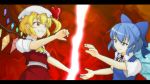  2girls ascot blonde_hair blouse blue_eyes blue_hair bow cirno cuts dress flandre_scarlet grin hair_bow hat hat_ribbon injury lynx444 mob_cap multiple_girls pointy_ears puffy_short_sleeves puffy_sleeves red_eyes ribbon short_hair short_sleeves smile touhou vest wings 