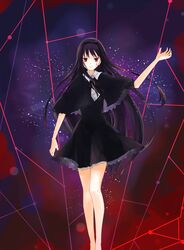  1girl akemi_homura bad_proportions barefoot black_hair dress funeral_dress hairband highres long_hair looking_at_viewer mahou_shoujo_madoka_magica mahou_shoujo_madoka_magica_movie red_eyes solo spoilers walking 