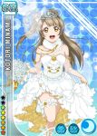  1girl bare_shoulders blush boots brown_hair card_(medium) character_name dress earrings flower happy jewelry long_hair love_live!_school_idol_project minami_kotori official_art open_mouth smile solo veil wedding wedding_dress yellow_eyes 