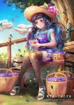  1girl basket bench black_hair cup fence flower hat leaf long_hair polka_dot polka_dot_legwear sandals sitting straw_hat suspenders teacup tenka_touitsu_chronicle thigh-highs tree twintails violet_eyes yamkom 