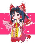  1girl ascot black_hair bow byourou detached_sleeves flower flower_on_head hair_bow hair_tubes hakurei_reimu long_hair petals red_eyes ribbon smile solo touhou 