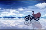  1girl clouds fur_hat hat hermes kino kino_no_tabi motor_vehicle motorcycle mountain nosuke_(kusuke1224) reflection ripples sky star_(sky) starry_sky vehicle water 