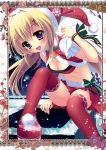 1girl :d absurdres bikini_top blonde_hair blue_eyes boots breasts capelet chimney cleavage hair_ornament hairpin hat highres open_mouth red_legwear sack santa_hat shiramori_yuse skirt smile snow snowflakes thigh-highs thigh_boots 