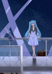  1girl 2014 aqua_eyes aqua_hair artist_name checkered checkered_floor crossed_legs dated dongqing_zaozigao dress hatsune_miku highres long_hair night open_mouth railing sandals sky solo star_(sky) starry_sky telescope twintails very_long_hair vocaloid 