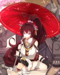  1boy 1girl admiral_(kantai_collection) black_legwear blush breasts brown_hair cherry_blossoms detached_sleeves flower hair_flower hair_ornament hews_hack highres kantai_collection large_breasts long_hair oriental_umbrella petals ponytail red_eyes single_thighhigh sitting smile thigh-highs umbrella very_long_hair yamato_(kantai_collection) 