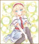  1girl alice_margatroid black_legwear blonde_hair blue_eyes border breasts capelet colored_pencil_(medium) dress gradient gradient_background hairband hoppesatou knees_up lolita_hairband looking_at_viewer marker_(medium) pantyhose parted_lips ribbon sash short_hair short_sleeves sitting solo touhou traditional_media watercolor_(medium) 