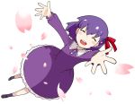  1girl ^_^ blush_stickers capsule_servant closed_eyes dress fate_(series) highres matou_sakura official_art outstretched_arms petals purple_dress purple_hair short_hair solo transparent_background 