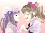 2girls ^_^ bangs black_emperor blunt_bangs blush bow brown_hair closed_eyes crossover hair_bow hair_tubes hat highres himekaidou_hatate holding_hands interlocked_fingers long_hair misao multiple_girls open_mouth parody patchouli_knowledge payot purple_hair short_ponytail smile touhou 