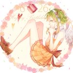  1girl ahoge bow box feathered_wings gift gift_box green_eyes green_hair gumi half_updo happy_birthday headphones highres lace-trimmed_dress looking_at_viewer p19950916 payot short_hair short_ponytail side_ponytail sleeveless smile solo vocaloid wings 