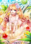  1girl armlet bikini blonde_hair blue_eyes bracelet cherry earrings flower food fruit hair_flower hair_ornament interitio jelly jewelry long_hair looking_at_viewer open_mouth see-through swimsuit tenka_touitsu_chronicle twintails 