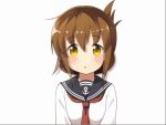  1girl animated animated_gif bell_(oppore_coppore) blush brown_eyes brown_hair bust closed_eyes folded_ponytail hair_ornament head_tilt inazuma_(kantai_collection) kantai_collection long_hair long_sleeves neckerchief open_mouth school_uniform serafuku simple_background smile ugoira white_background 