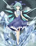  1girl arm_up barefoot blue_eyes blue_hair bow cirno crystal dress glowing hair_bow heisotsu_(otanushi) highres ice light_smile looking_at_viewer open_hand ribbon short_hair skirt_hold solo touhou wings 