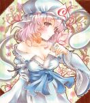  1girl arm_garter blush breasts cleavage collarbone colored_pencil_(medium) floral_background head_tilt hitodama hoppesatou japanese_clothes kimono looking_at_viewer marker_(medium) mob_cap obi off_shoulder parted_lips pink_eyes pink_hair raised_hand saigyouji_yuyuko sash short_hair side_glance solo striped striped_background touhou traditional_media triangular_headpiece watercolor_(medium) 