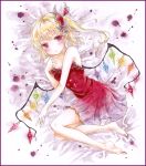  1girl alternate_costume bare_arms bare_legs bare_shoulders barefoot blonde_hair border colored_pencil_(medium) dress flandre_scarlet flower gradient gradient_background hair_ribbon hand_on_own_chest hoppesatou light_smile looking_at_viewer lying marker_(medium) on_side red_eyes red_rose ribbon rose short_hair side_ponytail solo strapless_dress touhou traditional_media watercolor_(medium) wings 