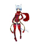  1girl :d alternate_costume animal_ears bare_shoulders blue_hair boots cat_ears cat_tail cleavage_cutout cosplay fang hand_on_hip highres open_mouth original phantasy_star phantasy_star_online_2 ryota_tentei scar scarf short_hair short_shorts shorts side_cutout smile solo tail thigh-highs thigh_boots white_background yellow_eyes 
