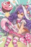  1girl 2012 animal_ears artist_name candy dated food food_themed_clothes hat heterochromia league_of_legends long_hair lulu_(league_of_legends) open_mouth panties pink_eyes pix purple_hair racoona star striped striped_legwear striped_panties thigh-highs underwear wizard_hat yellow_eyes 