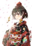  1girl alternate_costume black_hair bow brown_eyes cherry_blossoms ciero floral_print hands_on_own_chest hat japanese_clothes kimono light_smile long_sleeves obi petals sash shameimaru_aya short_hair simple_background smile solo tokin_hat touhou white_background wide_sleeves 