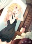  1girl ange_vierge blonde_hair blush cup flower long_hair nightgown nmaaaaa one_eye_closed open_mouth original red_eyes sleepy solo tears toothbrush waking_up yawning 