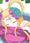  1girl animal bare_shoulders blonde_hair blush denis053 flower food fruit grapes hair_flower hair_ornament hair_strand leaf long_hair long_sleeves meimei_(p&amp;d) off_shoulder puzzle_&amp;_dragons scales simple_background sleeping snake solo turtle_shell white_background 