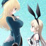  2girls atago_(kantai_collection) beret black_gloves blonde_hair blush breast_envy breasts brown_eyes commentary_request elbow_gloves gloves green_eyes hair_ornament hairband hand_on_own_chest hat kantai_collection kyo_(kyo21413) large_breasts long_hair military military_uniform multiple_girls shimakaze_(kantai_collection) uniform white_gloves 