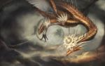 clouds dark_sky dragon feathered_wings flying halo holy_skydragon_shangri-la_(p&amp;d) horns jason_kong monster no_humans no_pupils pillar puzzle_&amp;_dragons ruins scales sky solo spikes tail white_wings wings yellow_eyes 