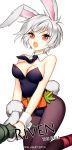  1girl 2014 animal_ears artist_name breasts bunny_tail bunnysuit carrot character_name cleavage grey_hair league_of_legends looking_at_viewer opalheart open_mouth pantyhose rabbit_ears red_eyes riven_(league_of_legends) short_hair simple_background solo sword tail weapon white_background 
